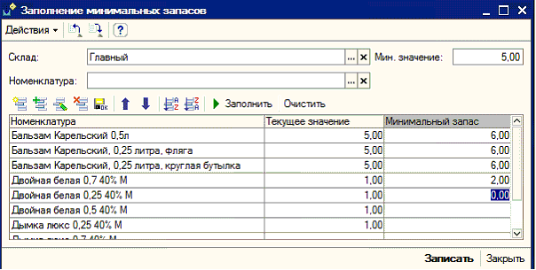 Заполнение минимальных запасов склада